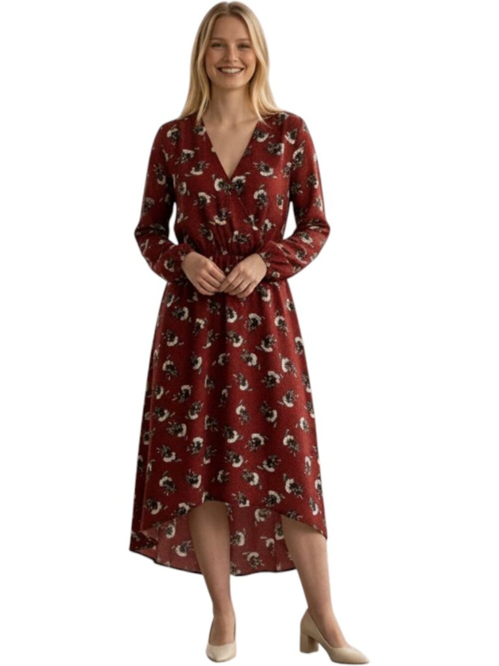 Studio B Dress Womens Medium Red Floral Faux Wrap Boho Midi Casual French Girl